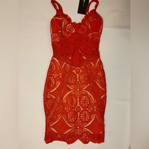 Brand New Fashion Nova Red Lace Sweetheart Neck Spaghetti Midi Dress
